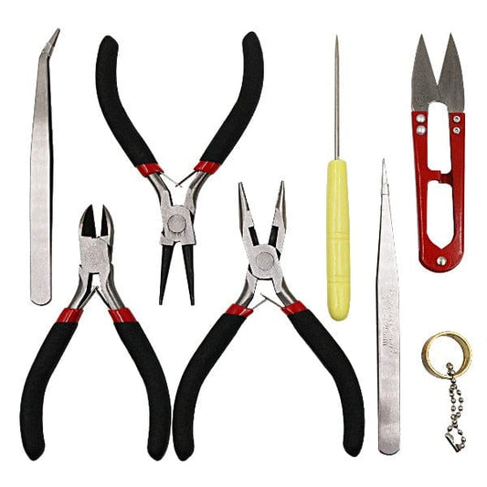 Complete 8-piece DIY jewelry making tool set including flush cutter, round nose plier, chain nose plier, tweezers, awl, and scissor