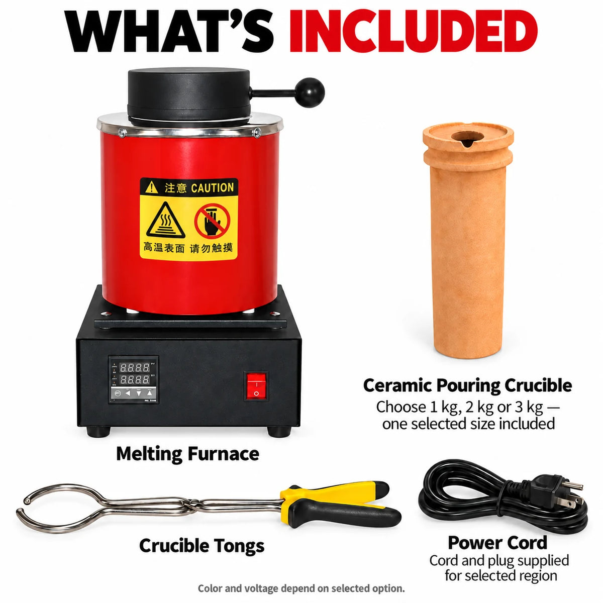 Cylinder gold melting furnace kit with ceramic pouring crucible, crucible tongs and power cord included
