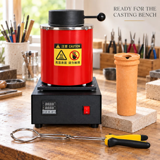 Red cylinder gold melting furnace on a jewelry casting workbench with crucible and tongs