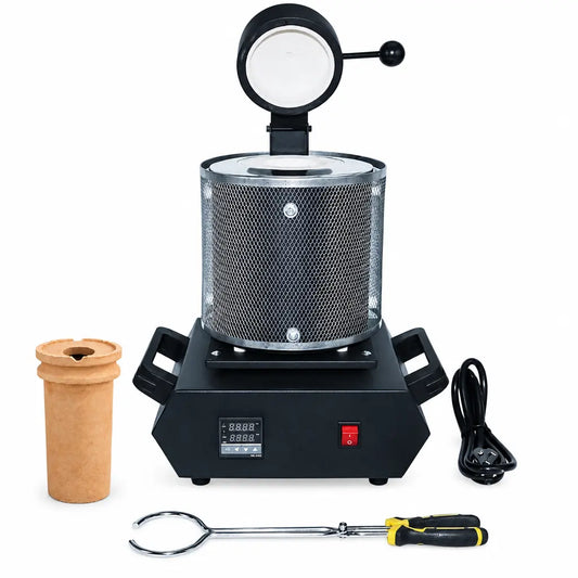 PHYHOO electric melting furnace with black protective mesh, ceramic crucible, crucible tongs and power cord on a white background
