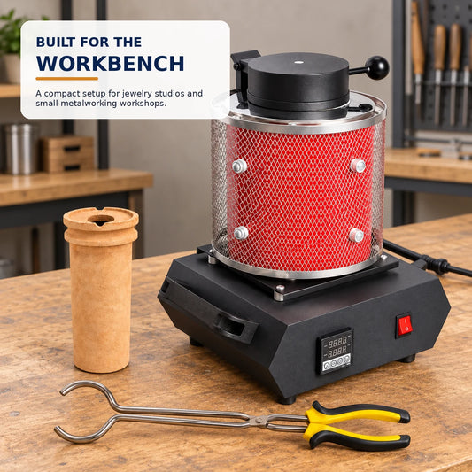 Electric melting furnace and ceramic crucible on a jewelry workshop workbench