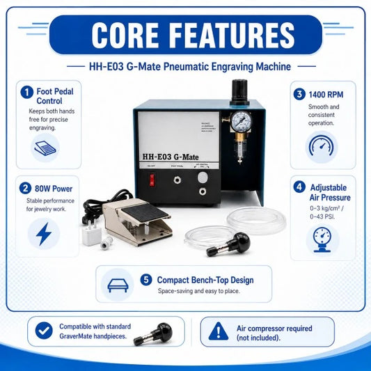 PHYHOO HH-E03 G-Mate pneumatic engraving machine core features: foot pedal control, 80W power, 1400 RPM speed, adjustable air pressure 0-43 PSI, compact bench-top design, compatible with standard GraverMate handpieces