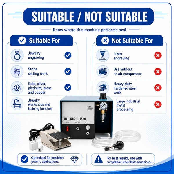 PHYHOO HH-E03 G-Mate suitable for jewelry engraving, stone setting, gold silver brass copper work, and jewelry workshops — not suitable for laser engraving, use without air compressor, or heavy-duty industrial metal processing