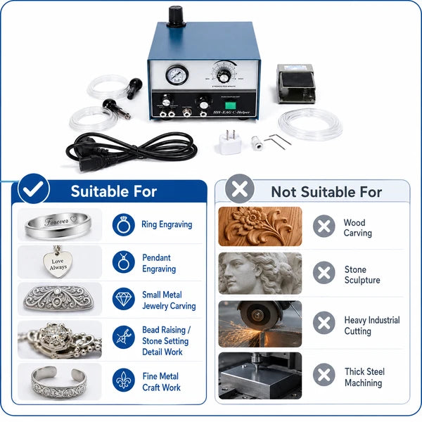 PHYHOO HH-E04 pneumatic jewelry engraving machine suitable for ring engraving, pendant engraving, metal carving, bead raising and stone setting; not for wood carving or heavy industrial cutting