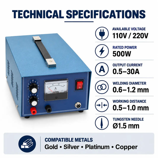 Jewelry spot welder technical specifications showing voltage, output current, welding diameter and tungsten needle size