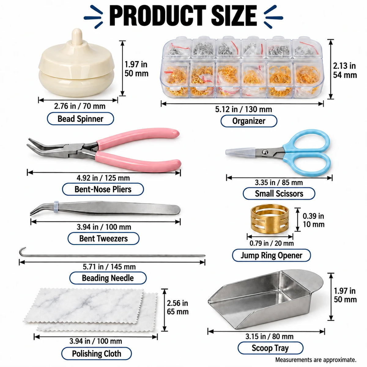 Accurate dimensions in mm and inches for PHYHOO bead spinner, organizer box, pliers, scissors, and beading needle