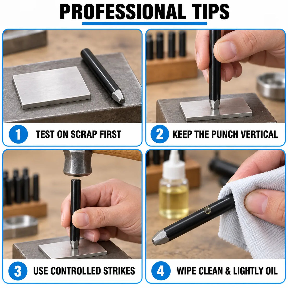 Professional tips for metal stamping including scrap testing, vertical angle, controlled strike, and oiling