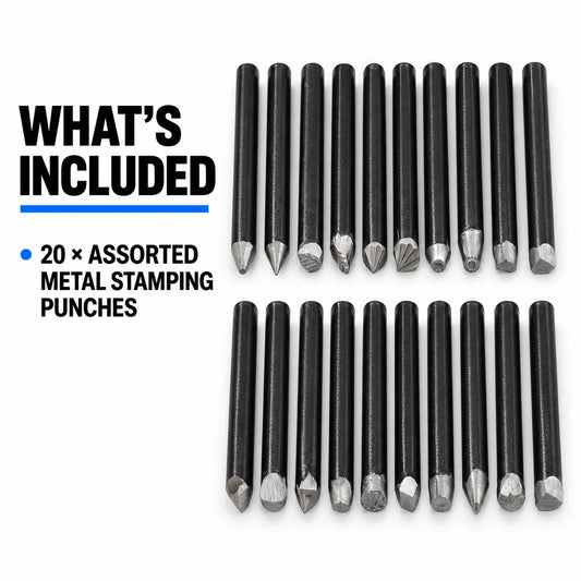 Complete kit of 20 assorted metal stamping punches showing various pattern heads and texture tips