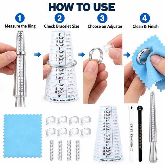 How to use PHYHOO ring and bracelet sizing kit - 4 steps: measure the ring with mandrel, check bracelet size on cone, choose a fit adjuster, and clean and finish with polishing cloth