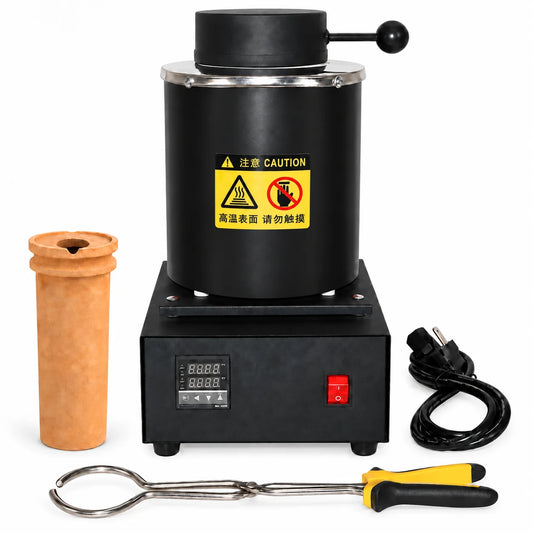 Black cylinder electric gold melting furnace 1150°C with ceramic crucible, tongs and power cord