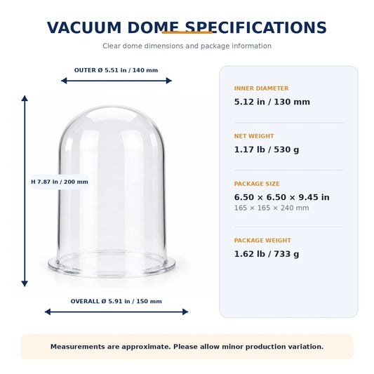 PHYHOO clear acrylic vacuum dome bell jar dimensions and specifications for jewelry casting machine - outer diameter 140mm, height 200mm, base flange 150mm