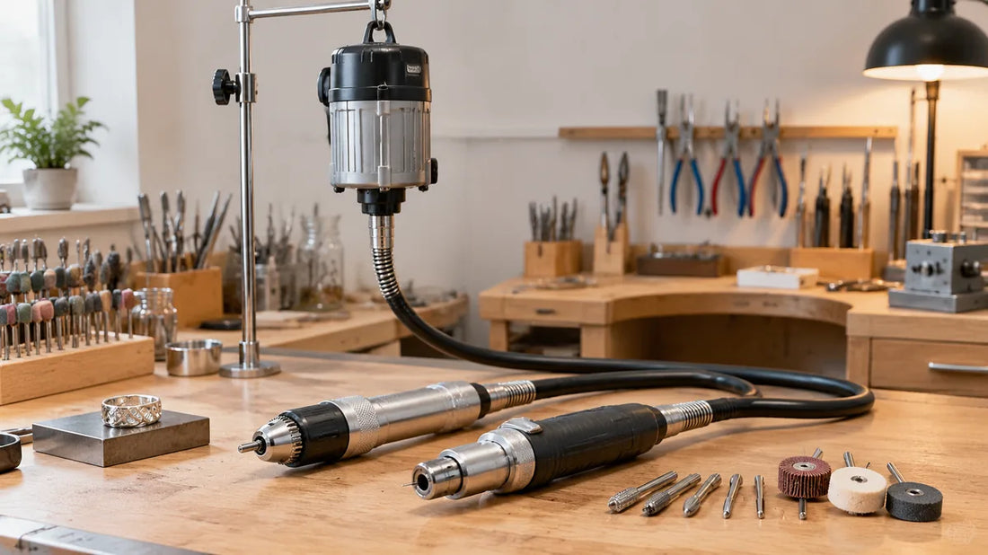 Jewelry workshop flex shaft motor and rotary handpieces arranged on a workbench