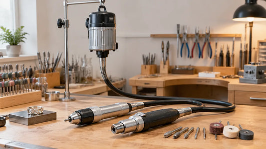 Jewelry workshop flex shaft motor and rotary handpieces arranged on a workbench