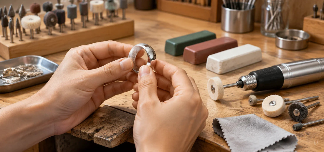 Jeweler examining a partly polished silver ring at a workbench with polishing compounds and rotary polishing tools