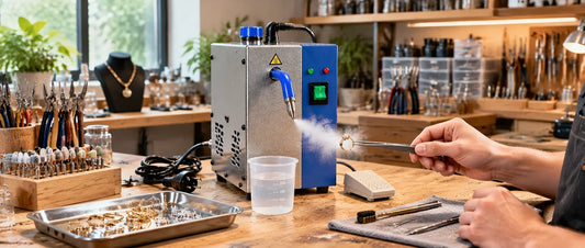 Wide view of a jewelry workshop using a stainless steel and blue steam cleaner to clean a gold ring