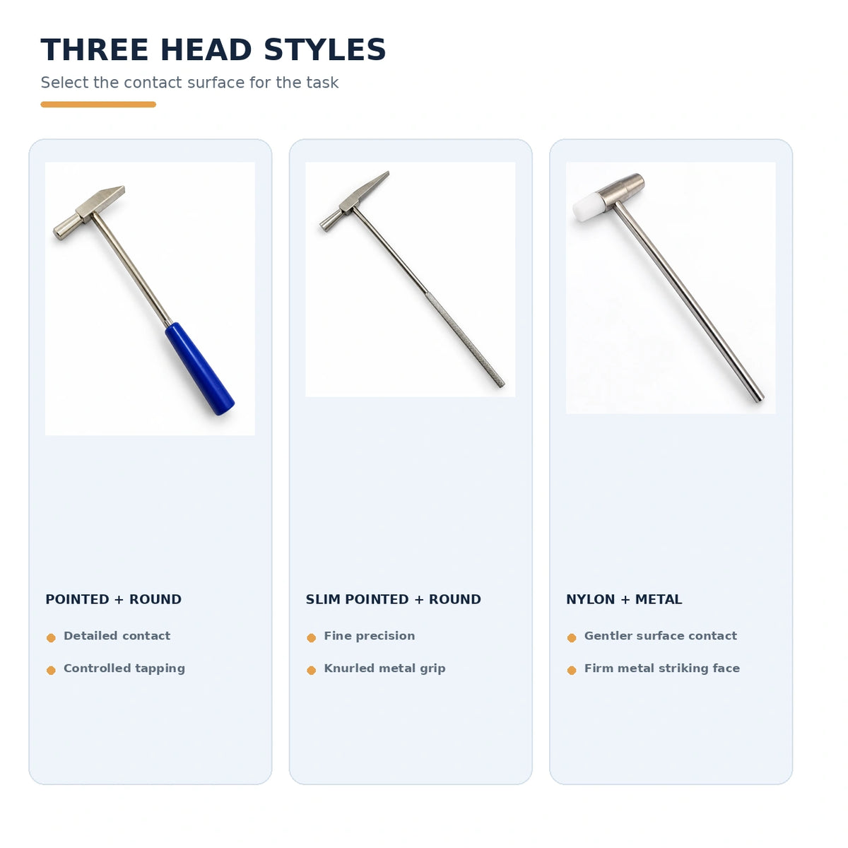 Comparison guide of three jewelry hammer head styles including pointed round, slim pointed, and nylon metal striking faces
