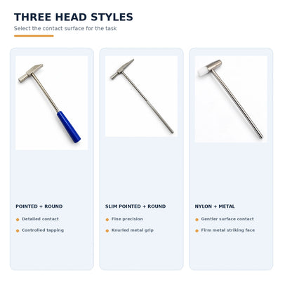 Comparison guide of three jewelry hammer head styles including pointed round, slim pointed, and nylon metal striking faces