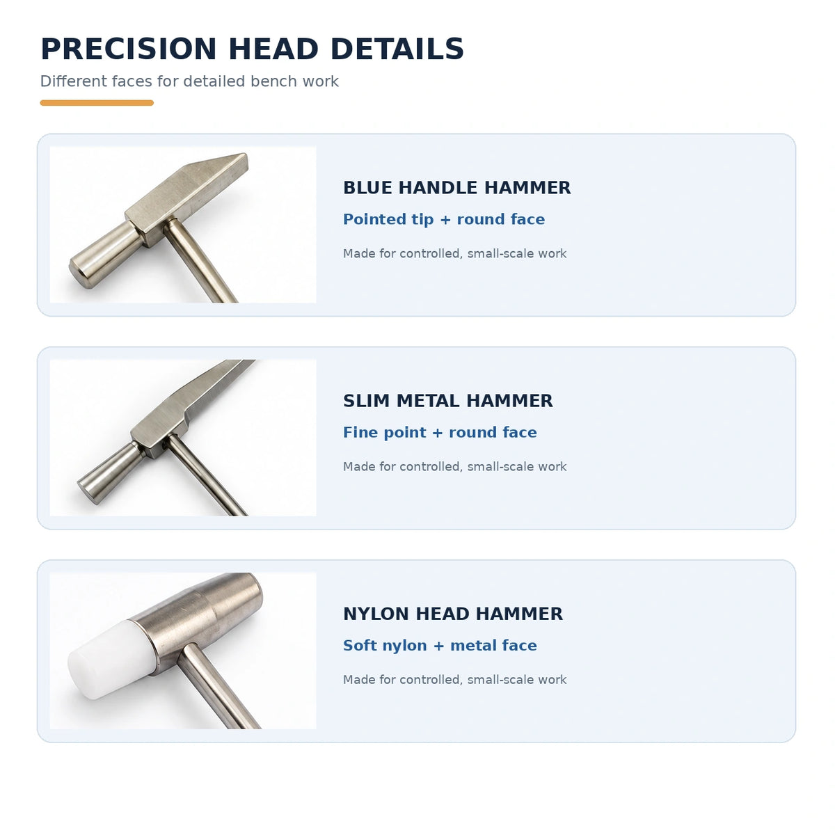 Close-up details of precision jewelry hammer heads showing blue handle chisel tip, slim metal point, and soft white nylon face