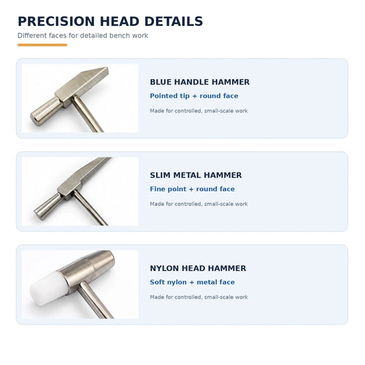 Close-up details of precision jewelry hammer heads showing blue handle chisel tip, slim metal point, and soft white nylon face