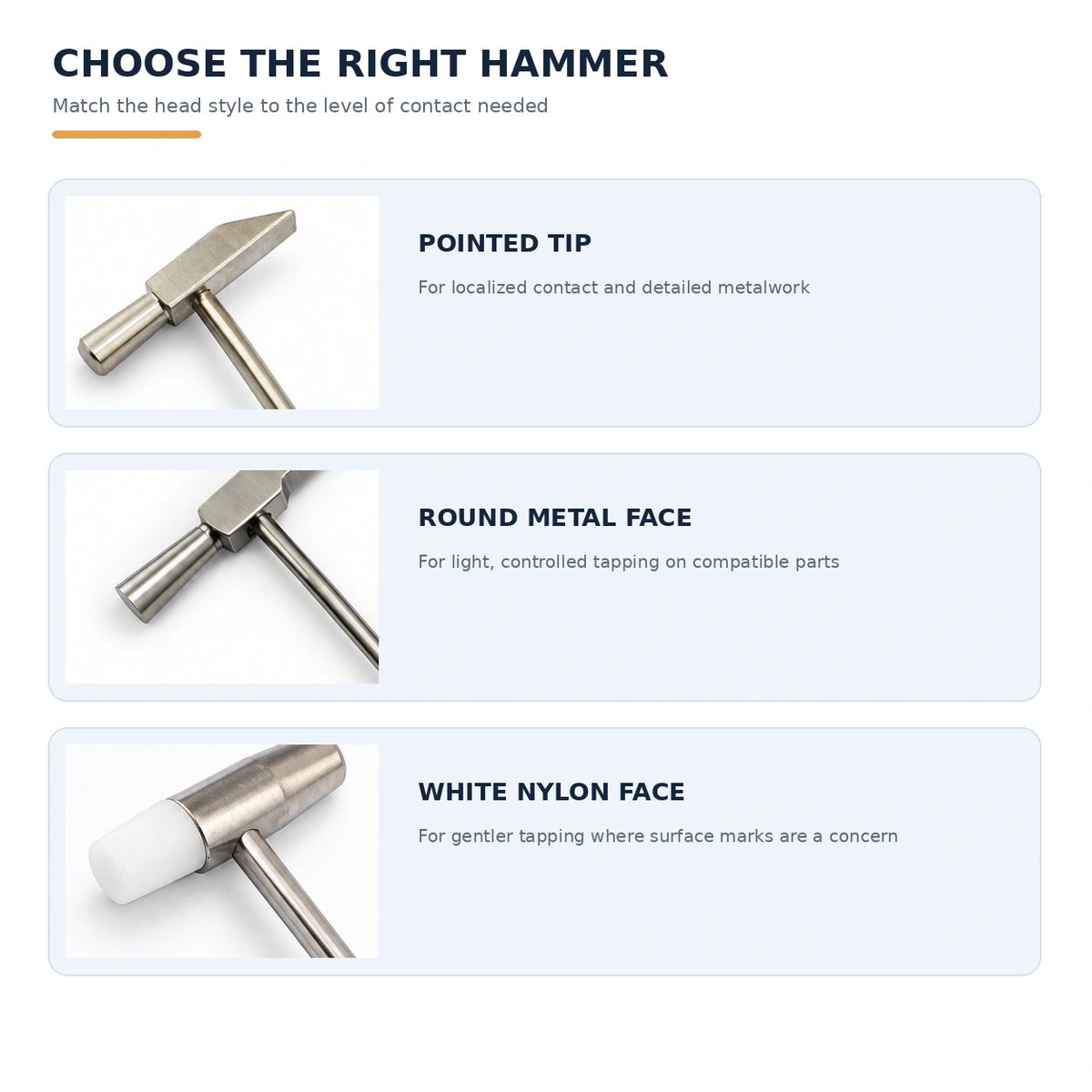 Jewelry hammer selection guide matching pointed tip, round metal face, and white nylon face to specific delicate metalworking tasks