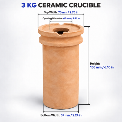 PHYHOO 3 kg ceramic crucible dimensions - top width 70 mm, opening diameter 46 mm, height 155 mm, bottom width 57 mm, for gold silver melting furnace