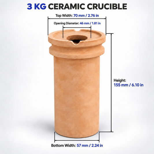 PHYHOO 3 kg ceramic crucible dimensions - top width 70 mm, opening diameter 46 mm, height 155 mm, bottom width 57 mm, for gold silver melting furnace