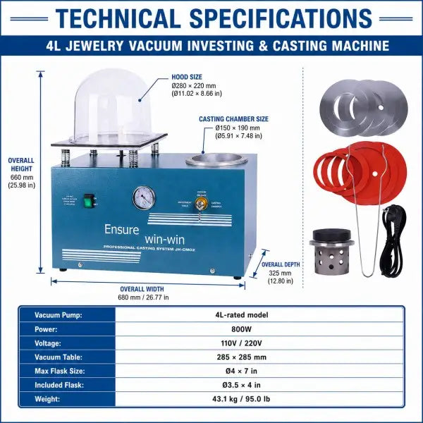 PHYHOO 4L jewelry vacuum casting machine technical specifications — dimensions, power, flask size and pump details