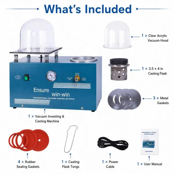 PHYHOO vacuum investing casting machine package contents — machine, acrylic hood, casting flask, gaskets, tongs and manual