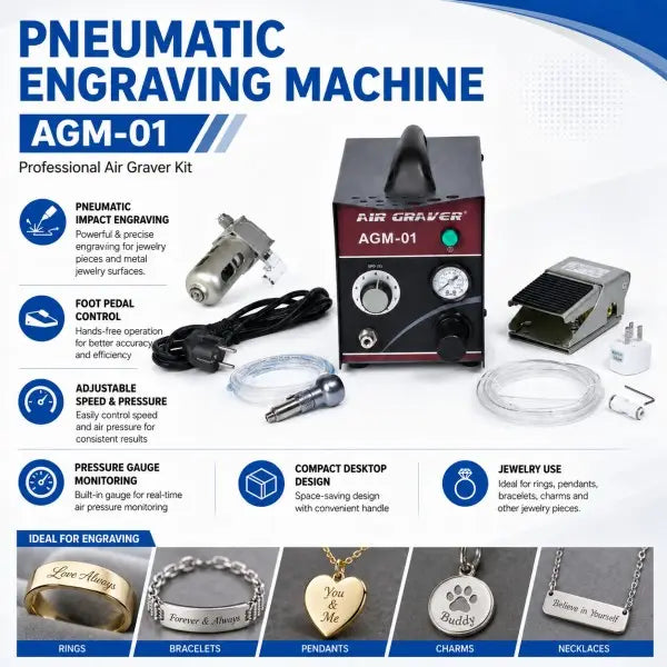 PHYHOO AGM01 pneumatic engraving machine features: pneumatic impact engraving, foot pedal control, adjustable speed and pressure, compact desktop design, ideal for rings, bracelets, pendants, charms, and necklaces