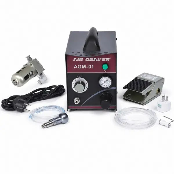 PHYHOO AGM01 pneumatic engraving machine kit with control unit, handpiece, metal foot pedal, air filter, air hose, power cord, and fittings