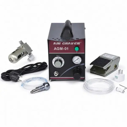 PHYHOO AGM01 pneumatic engraving machine kit with control unit, handpiece, metal foot pedal, air filter, air hose, power cord, and fittings