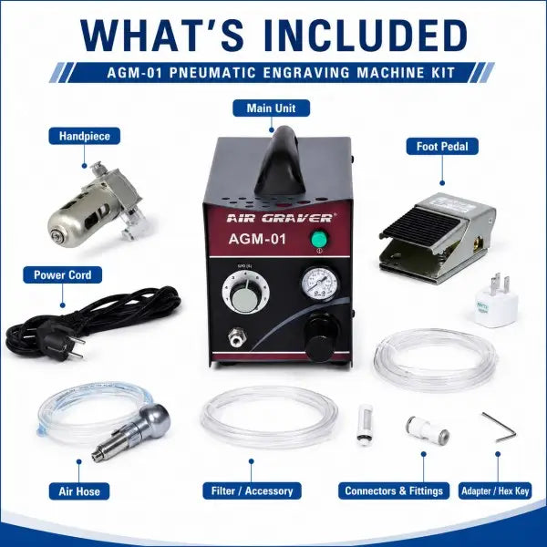 PHYHOO AGM01 pneumatic engraving machine kit contents: main unit, handpiece, metal foot pedal, power cord, air hose, filter accessory, connectors and fittings, adapter and hex key