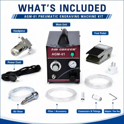 PHYHOO AGM01 pneumatic engraving machine kit contents: main unit, handpiece, metal foot pedal, power cord, air hose, filter accessory, connectors and fittings, adapter and hex key