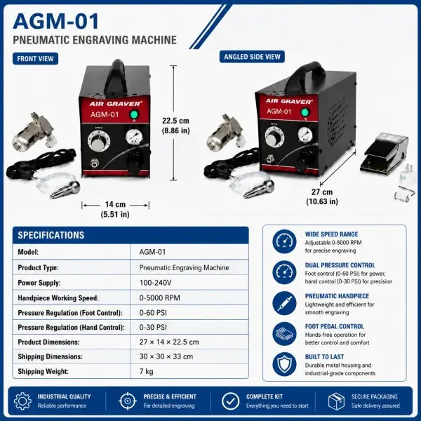 PHYHOO AGM01 pneumatic engraving machine specifications: 100-240V, 0-5000 RPM, 0-60 PSI pressure regulation, 27x14x22.5 cm dimensions, 7 kg weight, front and side view