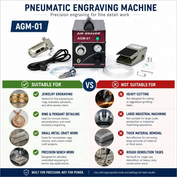 PHYHOO AGM01 pneumatic engraving machine suitable for jewelry engraving, ring and pendant detailing, small metal craft work, and precision bench work — not for heavy cutting or industrial machining