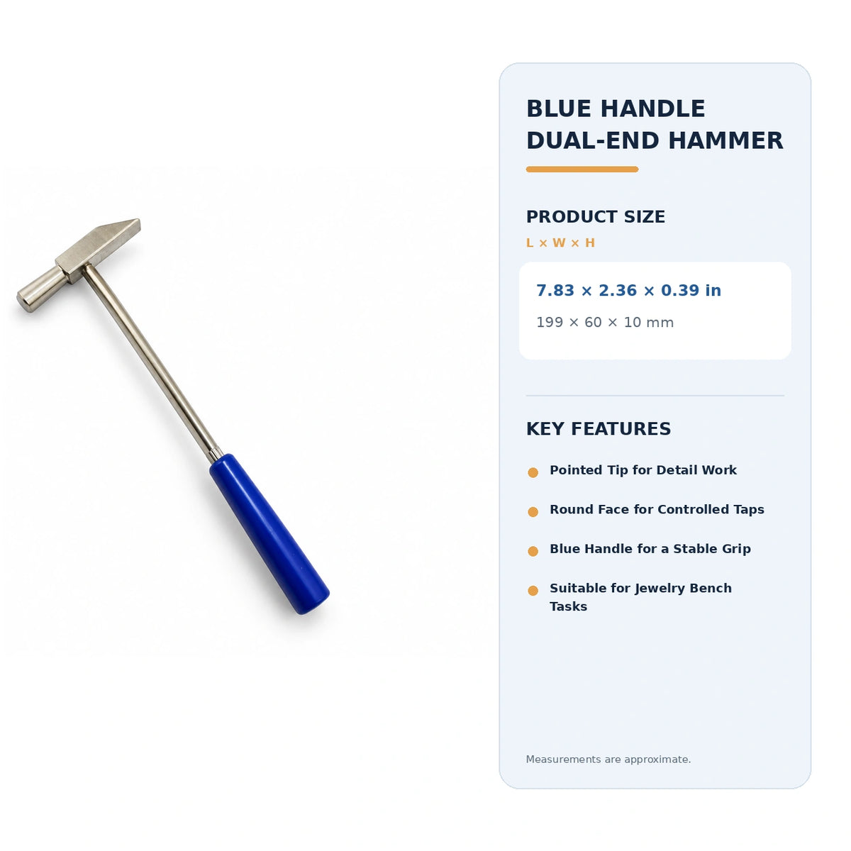 PHYHOO blue handle dual-end jewelry hammer dimensions and specifications measuring 199 x 60 x 10 mm with pointed tip and round face