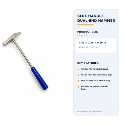 PHYHOO blue handle dual-end jewelry hammer dimensions and specifications measuring 199 x 60 x 10 mm with pointed tip and round face