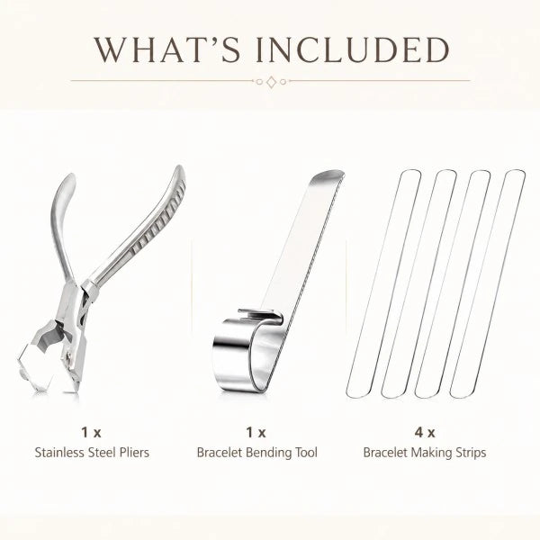 PHYHOO bracelet kit contents: 1 stainless steel pliers, 1 bracelet bending tool, and 4 flat bracelet making strips