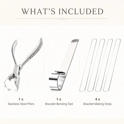 PHYHOO bracelet kit contents: 1 stainless steel pliers, 1 bracelet bending tool, and 4 flat bracelet making strips