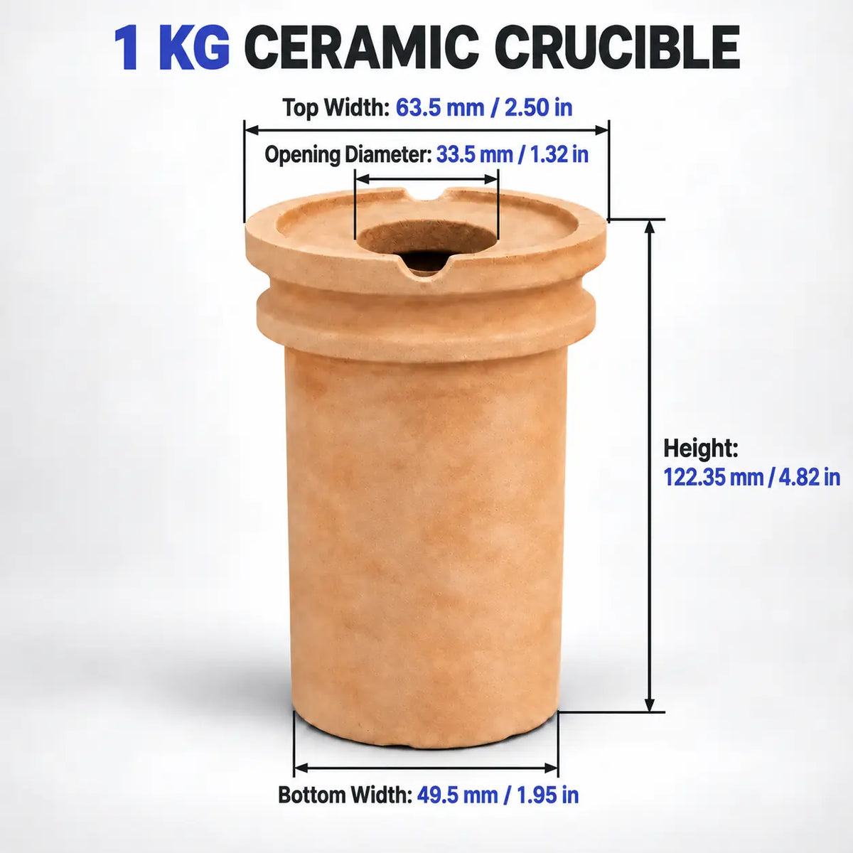 PHYHOO 1 kg ceramic crucible dimensions - top width 63.5 mm, opening diameter 33.5 mm, height 122.35 mm, bottom width 49.5 mm, for jewelry metal melting