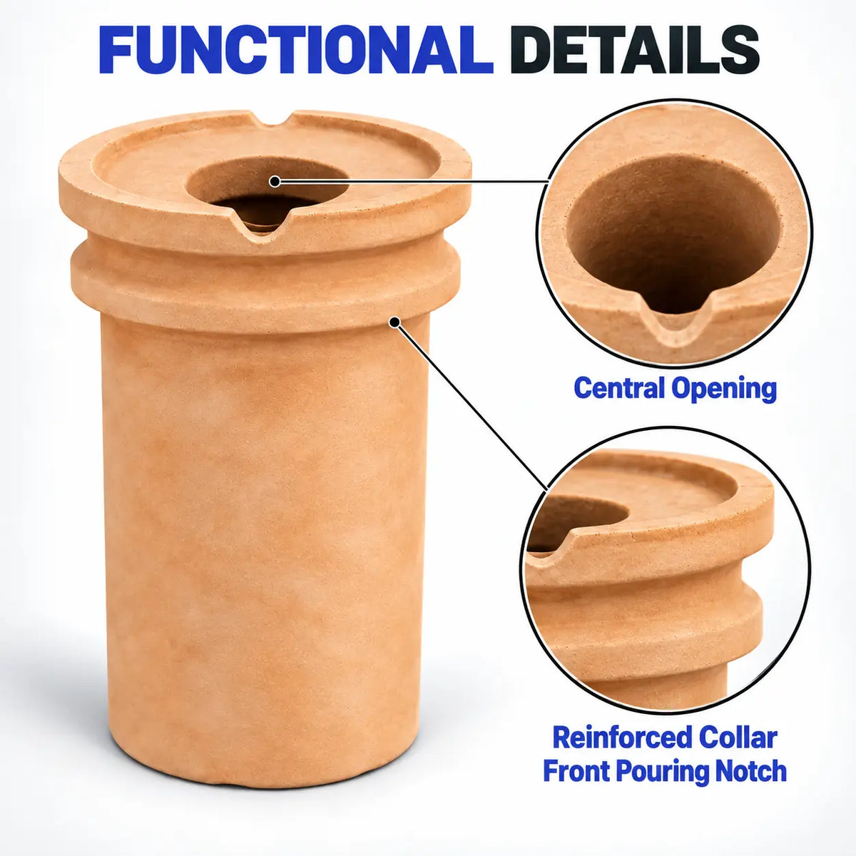 PHYHOO ceramic crucible functional details showing central opening and reinforced collar with front pouring notch for controlled metal melting