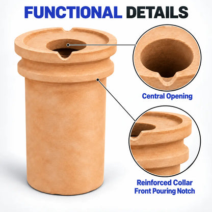 PHYHOO ceramic crucible functional details showing central opening and reinforced collar with front pouring notch for controlled metal melting