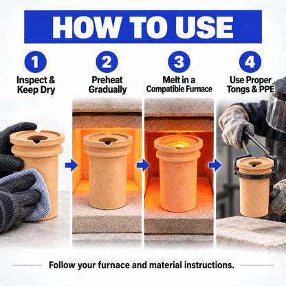 How to use PHYHOO ceramic crucible - 4 steps: inspect and keep dry, preheat gradually in furnace, melt metal, and use proper tongs and PPE