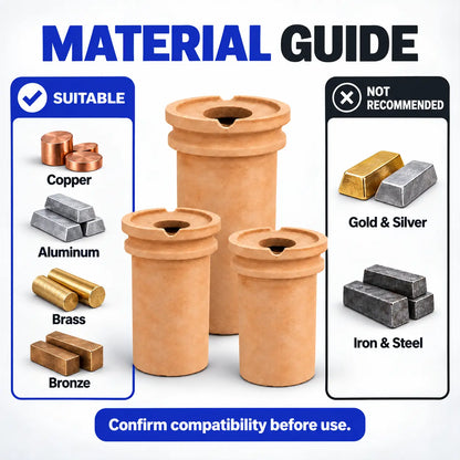 PHYHOO ceramic crucible material guide - suitable for copper, aluminum, brass and bronze melting, not recommended for gold, silver, iron and steel