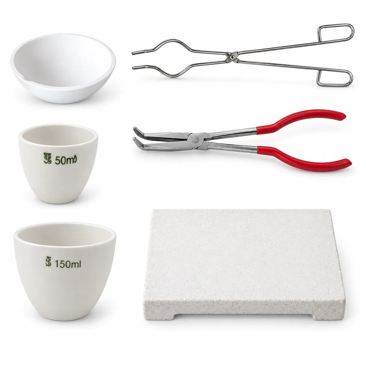 PHYHOO 8-piece ceramic crucible melting kit with tongs, crucibles, dish, and soldering brick