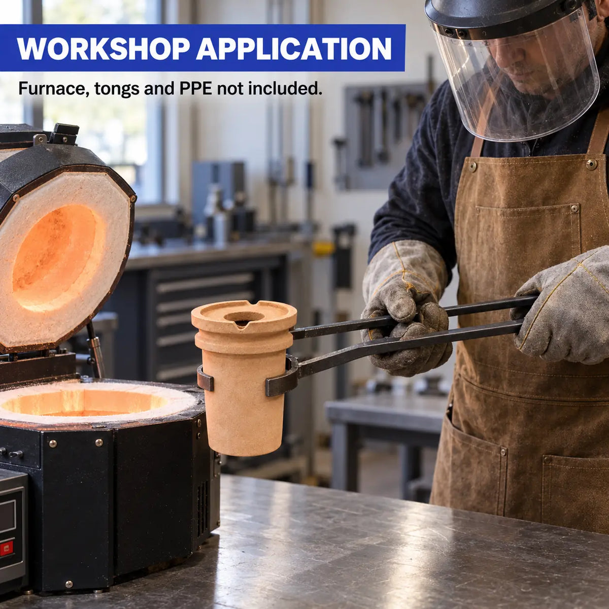 PHYHOO ceramic crucible workshop application - jeweler using tongs to handle crucible with electric melting furnace in professional metalworking workshop