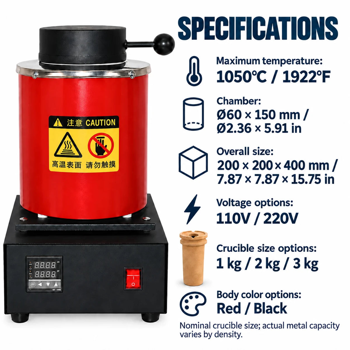 Cylinder gold melting furnace specifications, 1050°C (1922°F), 60 x 150 mm (2.36 x 5.91 in) chamber, 110V or 220V, 1-3 kg crucible