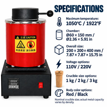 Cylinder gold melting furnace specifications, 1050°C (1922°F), 60 x 150 mm (2.36 x 5.91 in) chamber, 110V or 220V, 1-3 kg crucible