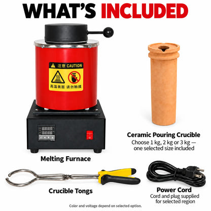 Cylinder gold melting furnace kit with ceramic pouring crucible, crucible tongs and power cord included