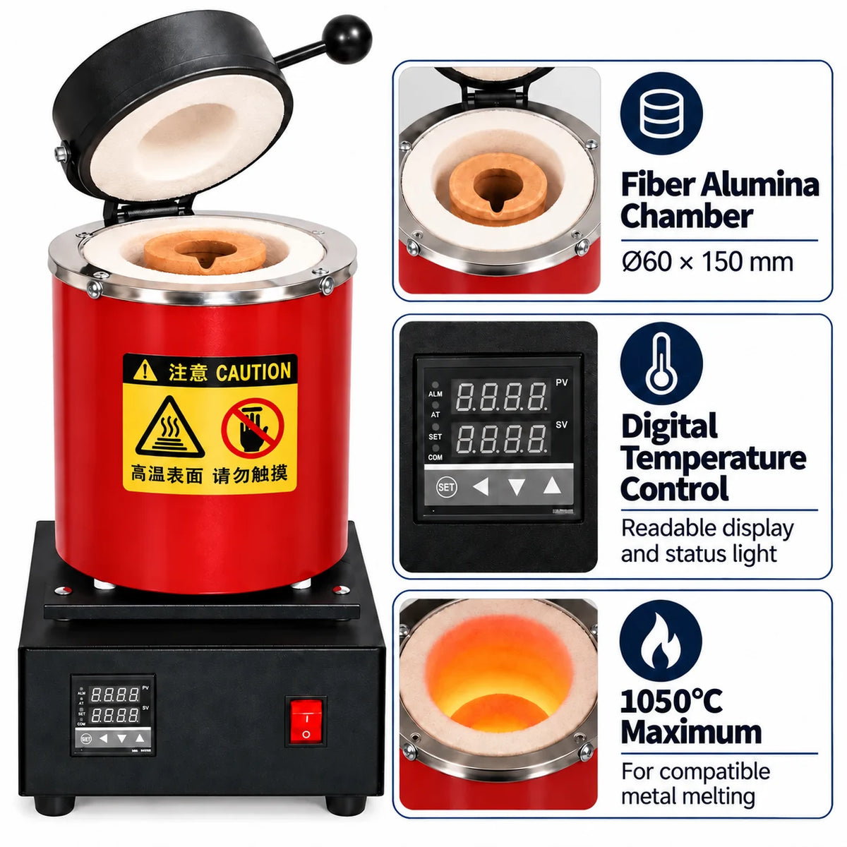Cylinder electric melting furnace features: fiber alumina chamber Ø60 x 150 mm (2.36 x 5.91 in), digital temperature control with readable display and 1150°C (2102°F) maximum